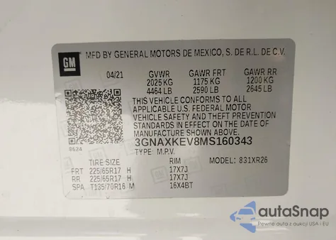 2021 Chevrolet Equinox Fwd Lt from USA, damaged, VIN 3GNAXKEV8MS160343